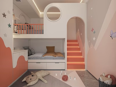 Kids Room With Bunk Bed Illuminated Stairs And Playful Decor 3d model
