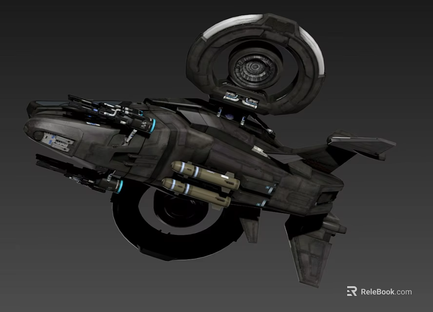 Dark Metallic Sci-Fi Spaceship With Circular Ring And Weapon Systems 3d model