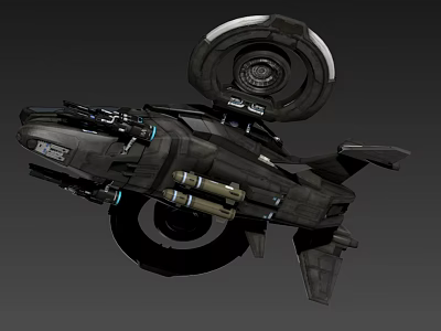 Dark Metallic Sci-Fi Spaceship With Circular Ring And Weapon Systems 3d model