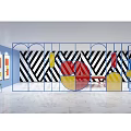 Modern Partition With Blue Frame Black White Striped Wall And Colorful Geometric Shapes