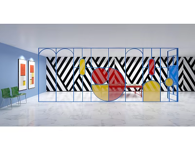 Modern Partition With Blue Frame Black White Striped Wall And Colorful Geometric Shapes 3d model