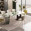Modern Dining Table Set With Marble Patterned Top Beige Green Chairs And Fruit Decoration