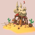 Cartoon Desert Scene Featuring Skull Head Tent Cacti Barrels Figure Ropes And Stones