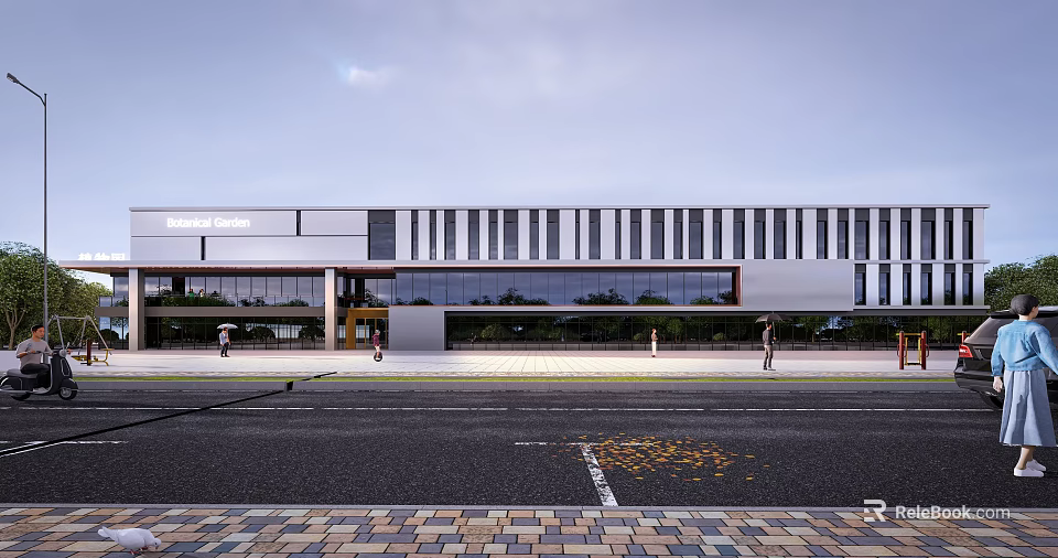 Modern Building Exterior Design Featuring Glass Curtain Wall Horizontal Lines Entrance And Street Pedestrians 3d model 