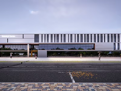 Modern Building Exterior Design Featuring Glass Curtain Wall Horizontal Lines Entrance And Street Pedestrians 3d model