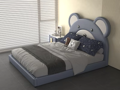 Cute Kids Bed With Blue Bear Ear Headboard Gray Comforter And Star Pillows 3d model
