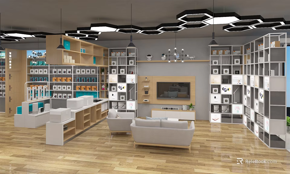 Digital Store Interior With Shelves Displaying Digital Products TV And Comfortable Sofa 3d model 