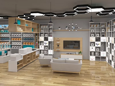 Digital Store Interior With Shelves Displaying Digital Products TV And Comfortable Sofa 3d model