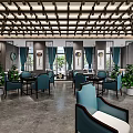 Elegant Tea House Corridor Interior With Gray Walls Decorative Paintings Round Mirror And Lighting Strips