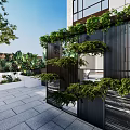Terrace Garden Landscape With Vertical Green Wall Stone Pavement White Chairs And City Skyline