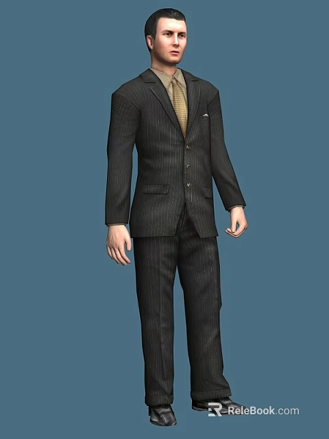 Man Wearing Black Pinstripe Suit With Yellow Tie Standing On Blue Background 3d model 