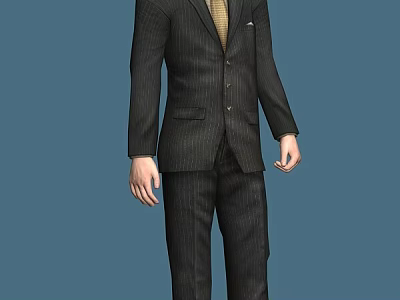Man Wearing Black Pinstripe Suit With Yellow Tie Standing On Blue Background 3d model