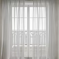 White Sheer Curtains for Double Doors with Balcony Arched Railings Design