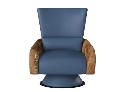 Modern Blue Leather Accent Chair With Wooden Arms And Round Swivel Base 3d model