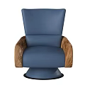 Modern Blue Leather Accent Chair With Wooden Arms And Round Swivel Base