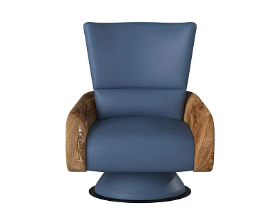 Modern Blue Leather Accent Chair With Wooden Arms And Round Swivel Base 3d model