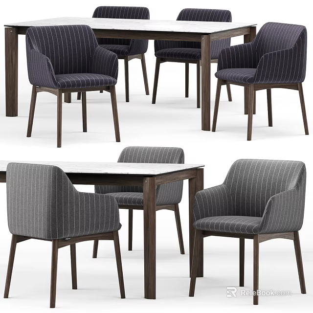 Modern Striped Gray Dining Table Set With Wooden Frame And Chairs 3d model 