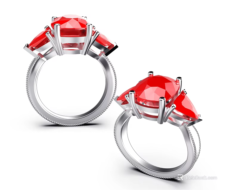 Elegant Red Gemstone Rings With Silver Band And Delicate Three Stone Design 3d model 