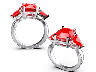 Elegant Red Gemstone Rings With Silver Band And Delicate Three Stone Design 3d model