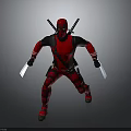 Man In Red Costume With Mask Holding Dual Blades And Katana Swords On Back
