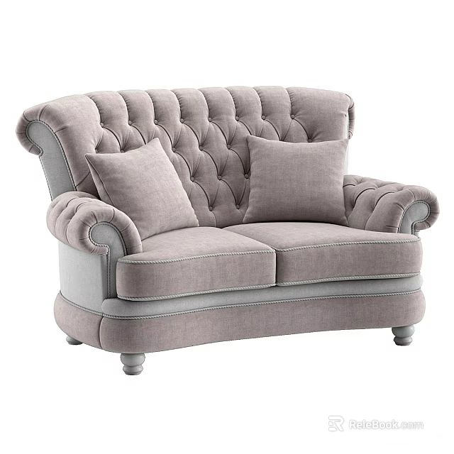 Light Gray Tufted Two Seater Sofa With Scroll Arms And Decorative Pillows 3d model