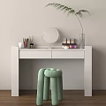 White Dressing Table with Round Mirror Makeup Brushes Cosmetics and Green Stool Palm Leaf Decor 3d model