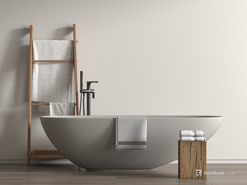 Minimalist Bathroom With Freestanding Bathtub Wooden Ladder Towels And Stool 3d model 