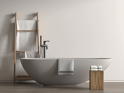 Minimalist Bathroom With Freestanding Bathtub Wooden Ladder Towels And Stool 3d model