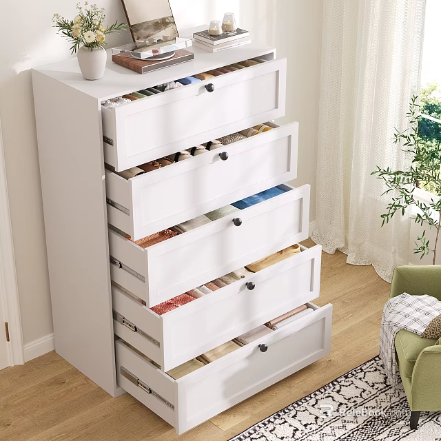White Chest of Drawers with Open Drawers Colorful Items Near Green Chair and Plant 3d model 