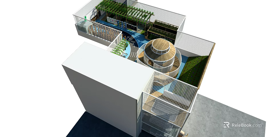 Modern Outdoor Courtyard Space With Circular Structure Green Plants And Fencing Design 3d model 