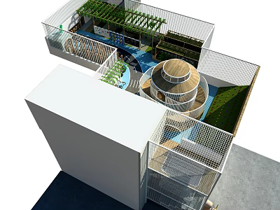 Modern Outdoor Courtyard Space With Circular Structure Green Plants And Fencing Design 3d model