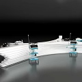 Modern White Curved Display Shelves With Layered Structure And Blue Accent Tables