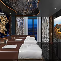 Luxurious SPA Sauna Interior With Comfortable Massage Beds Artistic Wall And Ambient Lighting