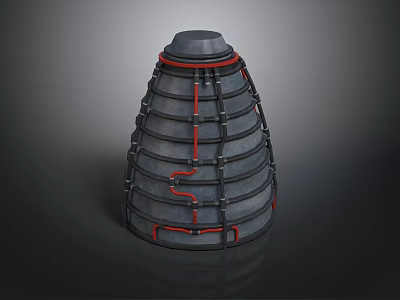Conical Industrial Mechanical Structure With Black Shell And Red Pipeline Details 3d model