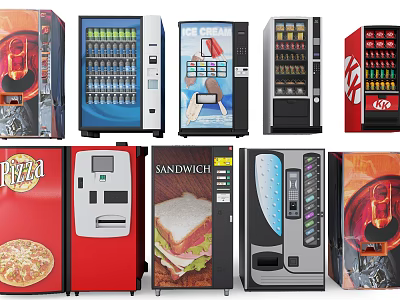 Commercial Equipment Featuring Various Vending Machines For Pizza Sandwich Beverage And Ice Cream 3d model