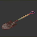 Rusty Worn Shovel With Orange Red Handle On Black Background