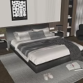 Modern Double Bed with Gray White Bedding Nightstand Wall Art and Armchair