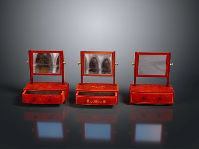 Three Vintage Red Dressers with Mirrors and Decorative Drawer Details 3d model