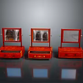 Three Vintage Red Dressers with Mirrors and Decorative Drawer Details