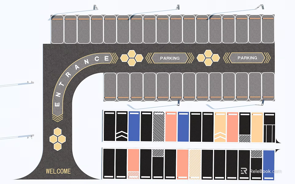Eco friendly Parking Lot Layout with Entrance Welcome Sign Hexagonal Eco Design and Parking Spaces 3d model 