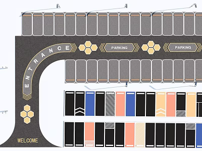 Eco friendly Parking Lot Layout with Entrance Welcome Sign Hexagonal Eco Design and Parking Spaces 3d model