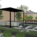 Modern Courtyard Garden With Wooden Pergola Stone Path Water Feature And Outdoor Dining Set