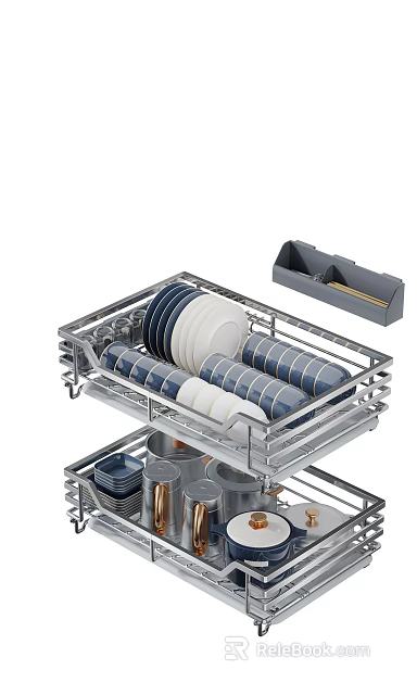 Stainless Steel Kitchen Drawer Organizer With Plates Bowls Cups And Utensil Holder 3d model 