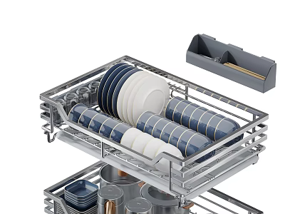 Stainless Steel Kitchen Drawer Organizer With Plates Bowls Cups And Utensil Holder 3d model