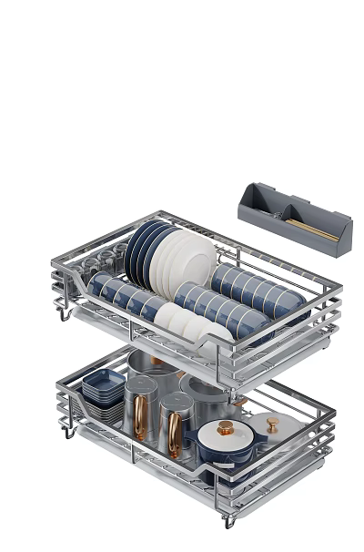 Stainless Steel Kitchen Drawer Organizer With Plates Bowls Cups And Utensil Holder 3d model