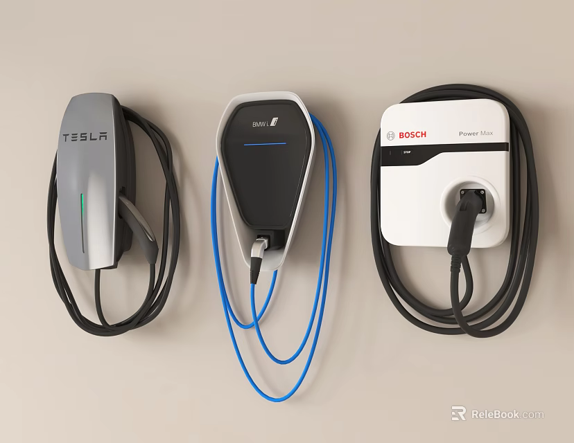 Wall Mounted Electric Vehicle Charging Stations With Charging Cables And Modern Designs 3d model 