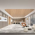 Elegant Reception Desk With Marble Wall Wooden Slat Ceiling Computers And Green Plant