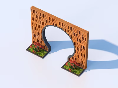 Decorative Garden Ornament Brick Archway With Green Lawn And Red Blooms 3d model