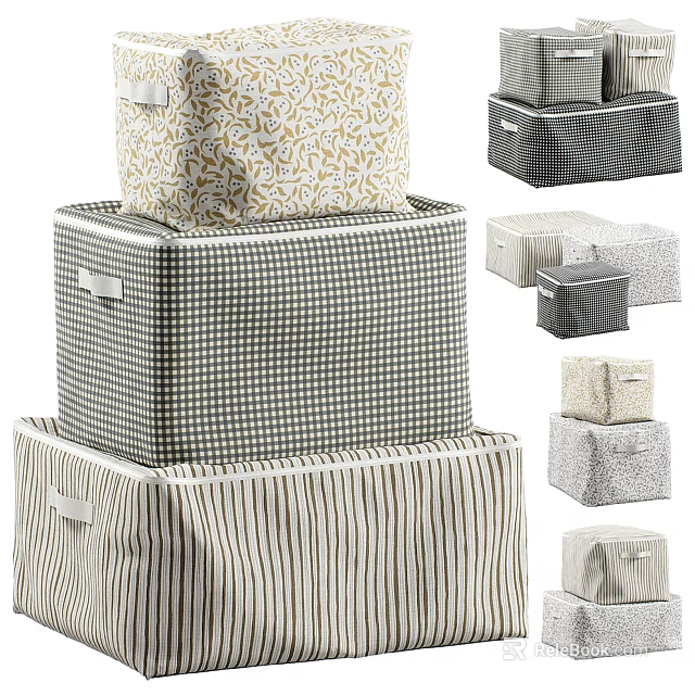 Fabric Storage Boxes With Checkered Striped And Floral Patterns Stacked In Various Sizes 3d model 