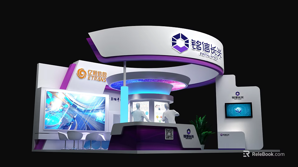 Modern Exhibition Booth With Brand Logos Large Screens Display Area And Green Plants 3d model 